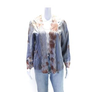 Mary Jo Bruno Womens Blue Silk Lace Trim Open Front Printed Blouse Top Size S